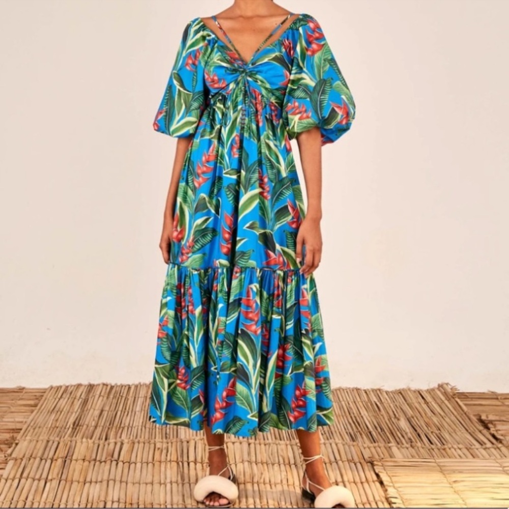 FARM Rio Anthropologie Dream Garden Maxi Dress in Blue Tropical New S